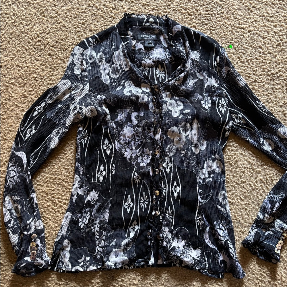 Citron Santa Monica Women Abstract Silk Blouse M Button Down  Boho Floral
